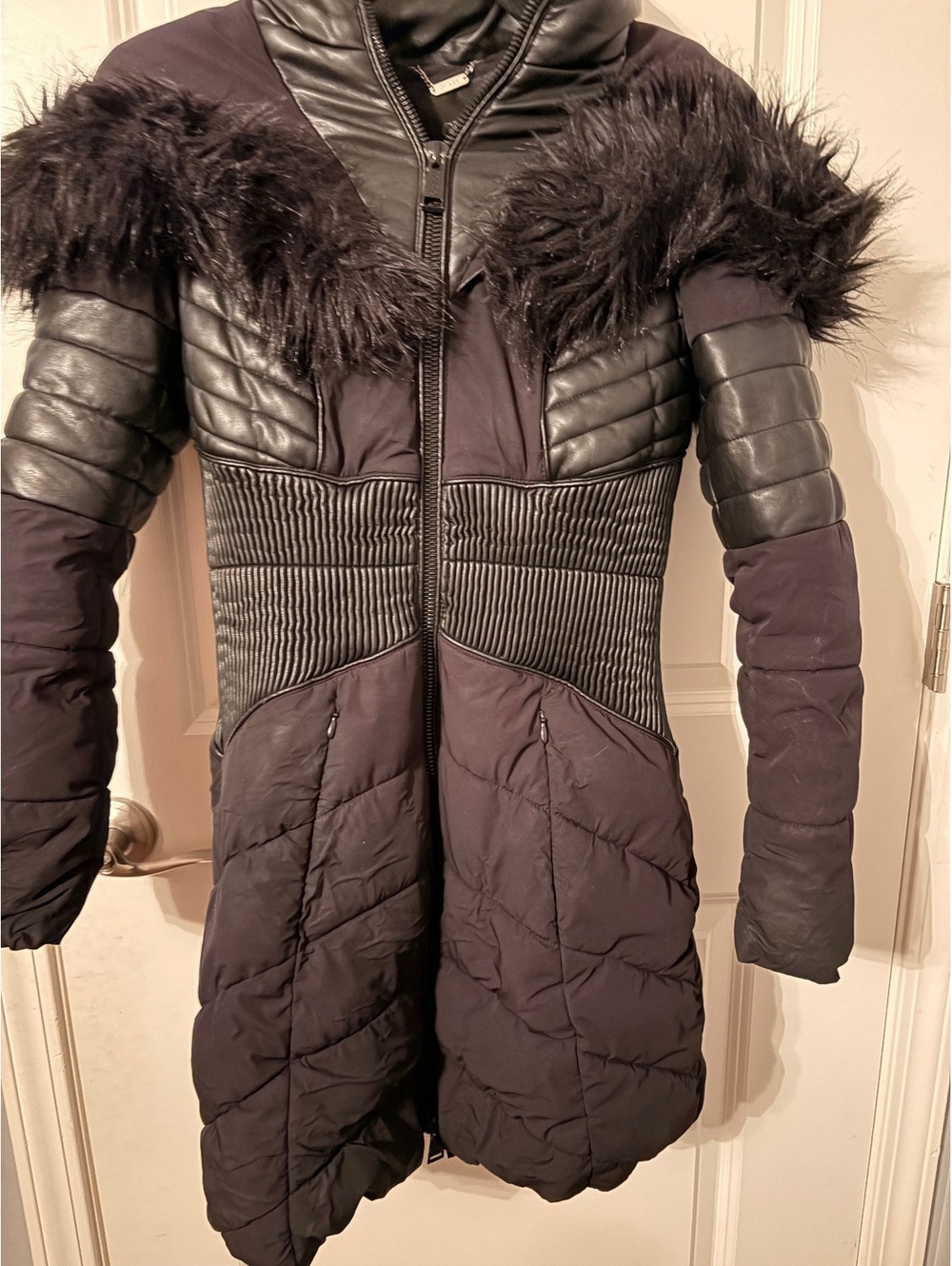 Guess Women's Black Faux Leather and Quilted Fur Trim Coat XS